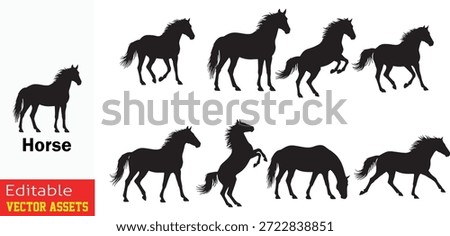 Vector Silhouettes of Horses in Different Running and Standing Poses Isolated on White Background. This high quality vector collection features a diverse array of horse silhouettes depicting these majestic animals in various dynamic poses and stages of movement. The set includes detailed illustrations of horses running galloping jumping and standing showcasing the grace and power of equine motion in a clean minimalist style. Each silhouette is meticulously crafted to capture the authentic anatomy and fluid action of horses making it an ideal choice for a wide range of creative projects. These black silhouettes are perfectly isolated on a white background providing maximum versatility for graphic designers who need professional clipart for equestrian themes sports branding ranch or farm related materials and nature inspired layouts. The simple yet expressive design ensures that each pose stands out making it a valuable asset for both digital and print media applications.

Key Features include
Dynamic Range of Poses The collection captures horses in various states of action including full gallops elegant standing positions and athletic jumping motions.

Minimalist Silhouette Style Each figure is rendered as a clean black silhouette which is perfect for logos symbols stickers and decorative graphic elements.

Equestrian Theme Excellence Ideal for horse riding clubs racing events ranch branding and veterinary clinic promotional materials.

High Quality Editable Vector Provided as fully scalable vector assets that can be resized or customized easily without any loss of detail or image quality.