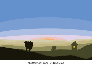 vector silhouettes of houses with lights in the window and cows grazing on a pasture against the backdrop of sunset. evening rural landscape