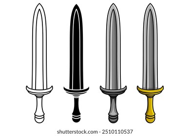 Vector silhouettes, icons and flat design line art of Arabian swords, pirates, knights, warriors, soldiers and executioners isolated on white background. Large sword collection set