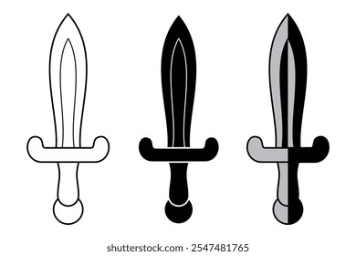 Siluetas de Vector, iconos y arte de línea de diseño plano de espadas árabes, piratas, caballeros, guerreros, soldados y verdugos aislados sobre fondo blanco. Conjunto de colección de espada Grande