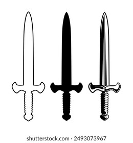 Siluetas de Vector, iconos y arte de línea de diseño plano Espada árabe, pirata y verdugo aislado sobre fondo blanco