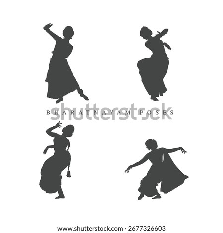 Vector silhouettes of Indian Classical dance, Women performing Bharatanatyam, Vector illustration of south Indian woman