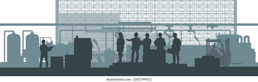Vector silhouettes Industry and production - Process and optimization - Team technicians and engineers in conversation - Machines and systems - Warehouse logistics