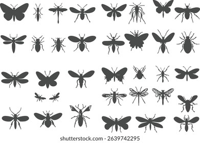 Vector silhouettes of insects, butterflies, spiders and cockroaches on white background
