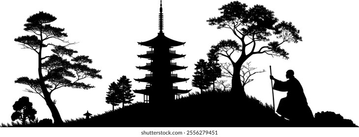 Vector silhouettes - Japan pagoda on hill with trees and a devout monk with staff - Graphic design element Asia