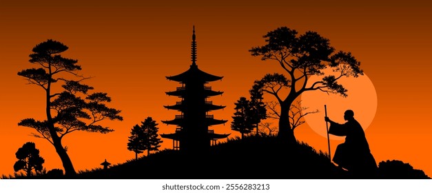 Vector silhouettes - Japan pagoda on hill with trees and a devout monk with staff - Graphic design element Asia