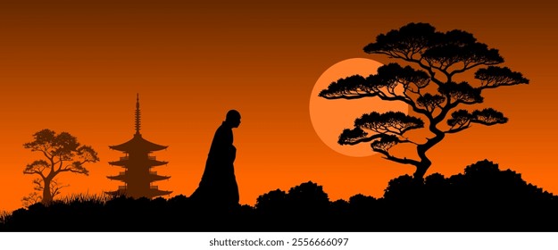 Vector silhouettes - Japan pagoda with trees and a wandering monk backlit by the sun - Grafik Design Element Asien