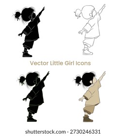 Vector silhouettes of Joyful girl, Illustrations of Little girl icons, Vector drawings of beautiful dolls