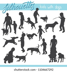 Vector silhouettes of kids and children. Kids and family with dog