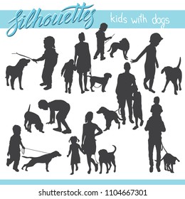 Vector silhouettes of kids and children. Kids and family with dog