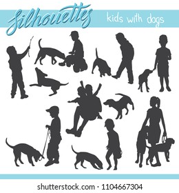 Vector silhouettes of kids and children. Kids and family with dog