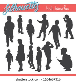 Vector silhouettes of kids and children. Kids have fun