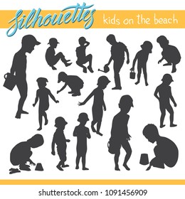 Vector silhouettes of kids and children. Kids on the beach