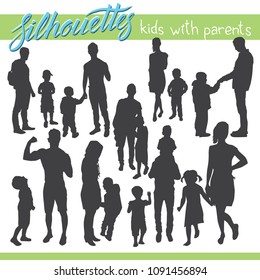 Vector silhouettes of kids and children. Kids with parents. Happy family