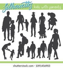 Vector silhouettes of kids and children. Kids with parents. Happy family