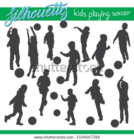 Vector silhouettes of kids and children. Kids playing soccer football