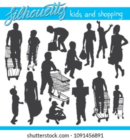 Vector silhouettes of kids and children. Kids and shopping