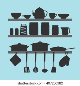 Vector silhouettes of kitchen tools on shelves