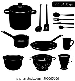 Vector silhouettes of kitchen tools. A set of kitchen items for cooking. Pan, saucepan, frying pan. Vector realistic objects. 