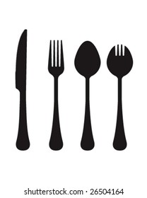 Vector silhouettes of knife, fork, spook, and spork.