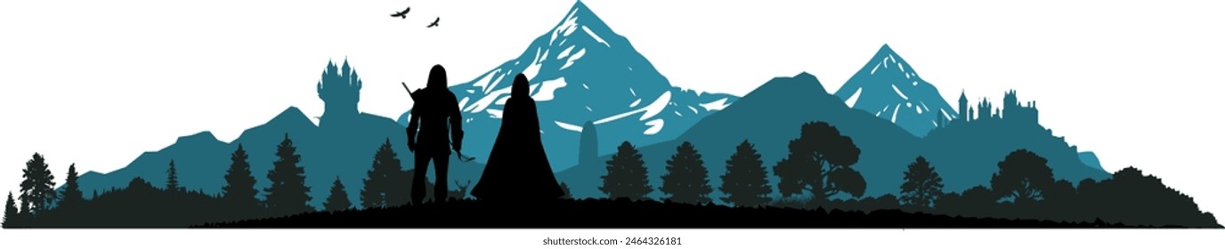 Vector Silhouettes Landscape Middle Ages - Fantasy figures in mountain landscape in nature - Castles, towers and ancient cities - Legends and myths - Mission