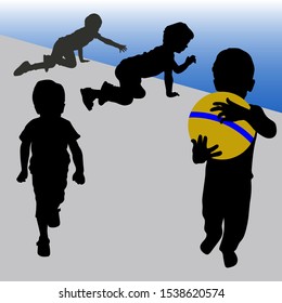 Vector silhouettes of a little boy. The boy with the ball. 4 silhouettes of a child in different poses, walking, stretching out his hand, kneeling