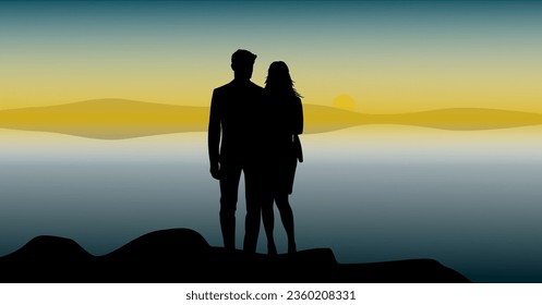 Vector silhouettes - lovers arm in arm on the water at sunset