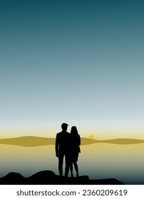 Vector silhouettes - lovers arm in arm on the water at sunset