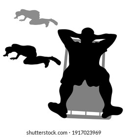 Vector silhouettes of lying people. Black silhouette of a man on a deck chair. Female silhouette, the girl lies on her side, hands behind the head, shorts, Isolated on white background