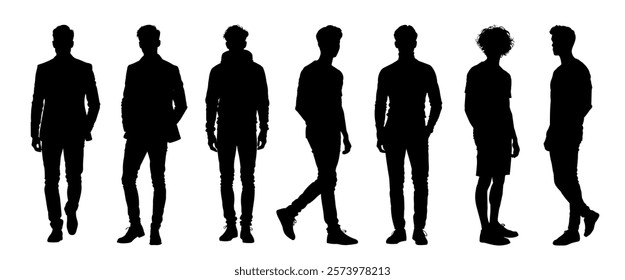 Vector silhouettes of the male population have a variety of poses, many styles, various poses.