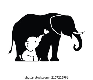 Silhouettes vectoriales de mamá y elefante bebé aislados de fondo blanco. Ilustración del día de la madre. Animales y cachorros. Cuidada ilustración del tema de la maternidad y la ducha para bebés