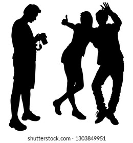 Vector silhouettes of a man with camera stand sideways, the girl and guy are posing, the boy is waving a friendly hand the girl stretched out his hand with a raised thumb and a super sign, excellent