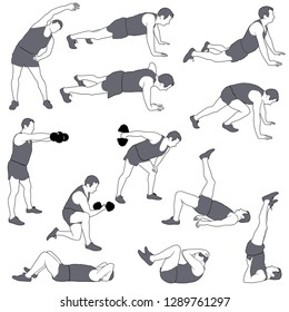 Vector silhouettes of man in costume doing sport exercises isolated on white background. Icons of sportive boy doing fitness workout in different position. Active and healthy life concept.