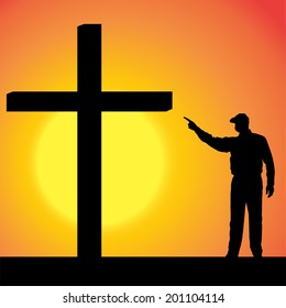 Vector silhouettes of man at the Cross at sunset.