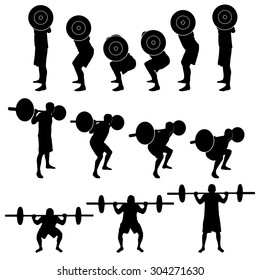 Vector Silhouettes of a Man doing Back Squats with a Barbell.