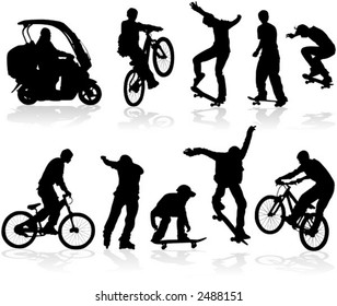 Vector silhouettes man on roller, bicycle, scooter, skateboard.