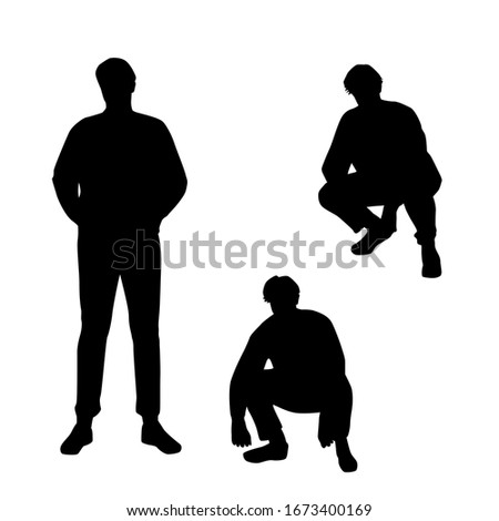 Vector silhouettes of a man standing and sitting, black color, isolated on a white background