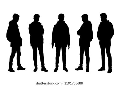 Vector silhouettes man or teenager, outerwear, different poses, profile,  business people, group , standing,  black color, isolated on white background