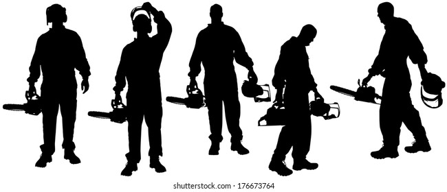 Vector silhouettes man with tools on a white background.