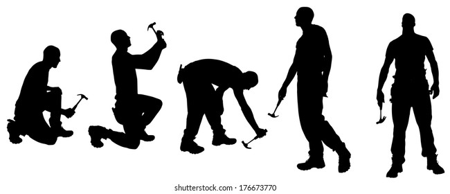 Vector silhouettes man with tools on a white background.