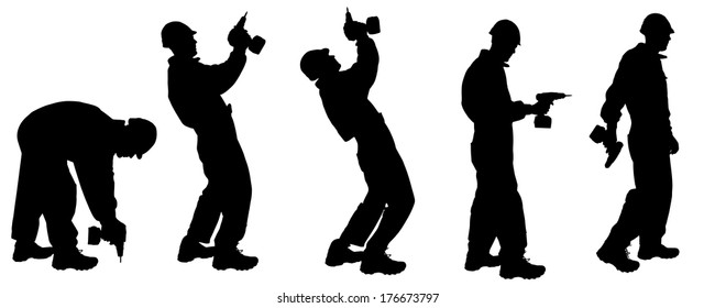 Vector silhouettes man with tools on a white background.