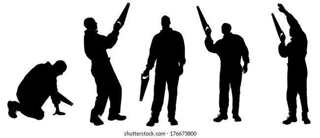 Vector silhouettes man with tools on a white background.