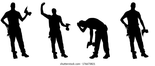 Vector silhouettes man with tools on a white background.