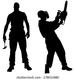 Vector silhouettes man with tools on a white background.