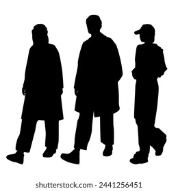 Siluetas vectoriales de hombre y dos mujeres, un grupo de gente de negocios caminando, perfil, color negro aislado sobre fondo blanco