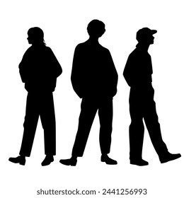 Siluetas vectoriales de hombre y dos mujeres, un grupo de hombres de negocios de pie, perfil, color negro aislado sobre fondo blanco