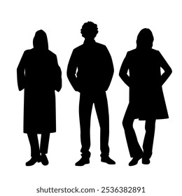 Vector silhouettes of  man and two women, a group of standing business people, fashion outerwear, profile, black isolated on white background