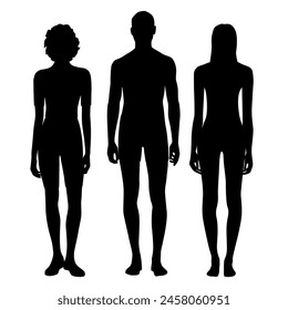 Vector silhouettes of a man and two young attractive slender women, standing, black color, isolated on a white background