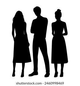 Vector silhouettes of  man and a  two young attractive slender women, a group of standing business people, profile, black  color isolated on white  background