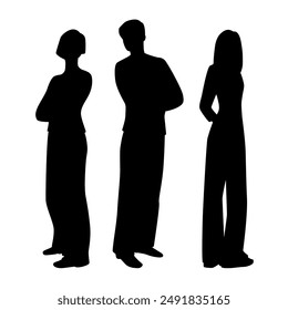 Vector silhouettes of  man and  two young attractive slender women, a group of standing business people, profile, black  color isolated on white  background